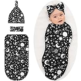 Moon and Star Black Baby Stuff Swaddle Blanket Wrap Baby Newborn Blanket Soft Stretchy with Headband Hat Set Gift for Infant Boy Girl