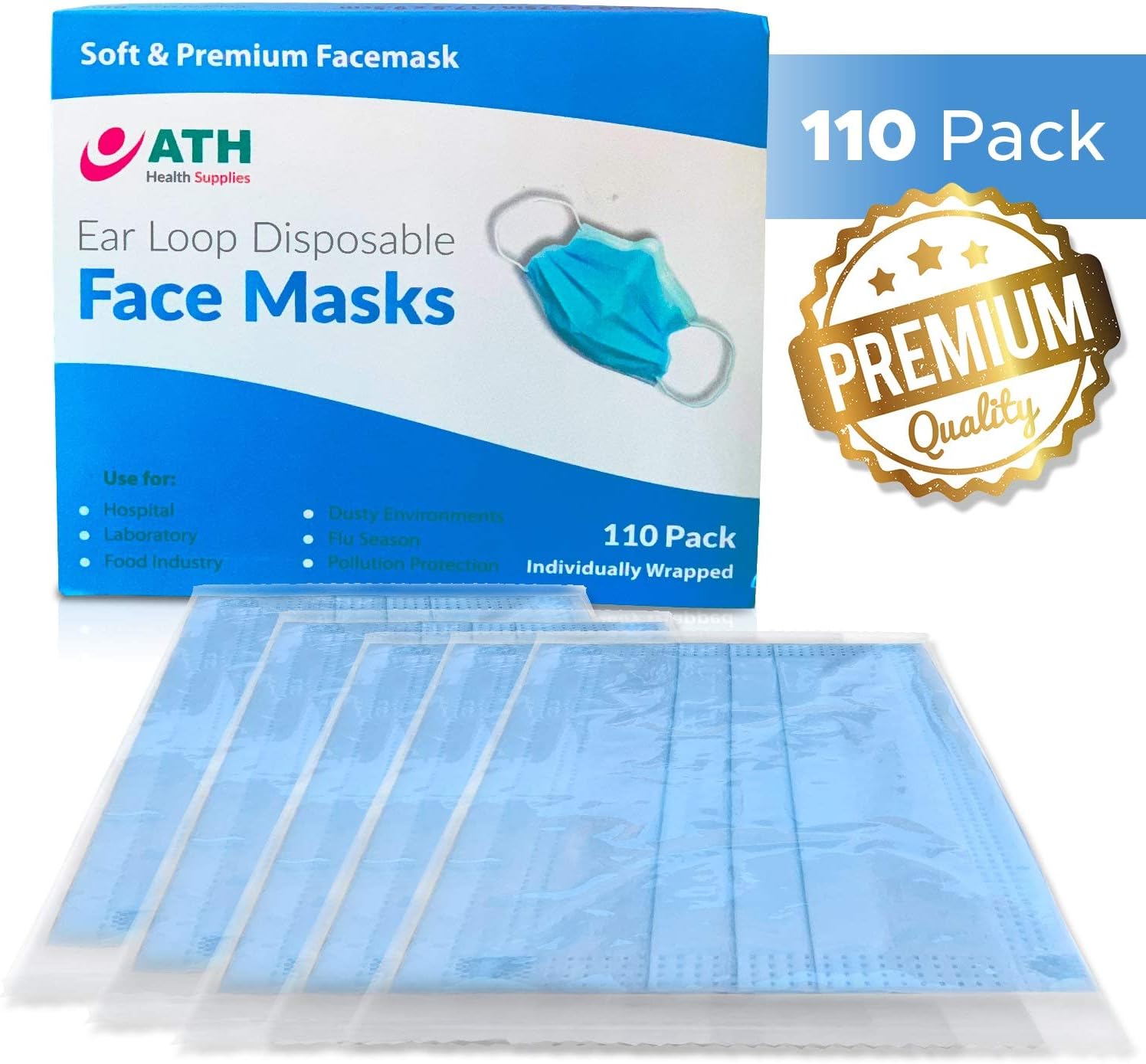 Premium Medical Face Masks - Disposable Face Masks W/Solid Filter to Help Block Pollutants - Finest Fabric for Max Softness, Individually Wrapped to Retain Sterility - Surgical Mask