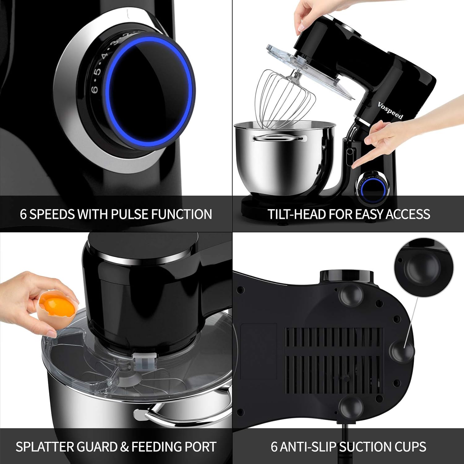 Vospeed Stand Mixer 8L Cake Mixer Electric Kitchen Food Mixer with Stainless Steel Bowl, Beater, Dough Hook - Image 5