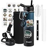 WixByti 24 oz Insulated Water Bottle with Straw (Cold for 48 Hrs), Stainless Steel Triple Wall Vacuum Sports Water Jug, Leakproof Hydro Cup Flask with Paracord Handle & Straw Spout Lids & DIY Stickers
