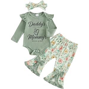 Rourufy Newborn Baby Girl Outfit Hello World Romper Floral Flare Pants Set | Long Sleeve Little Sister Romper, Fall Ribbed Kn