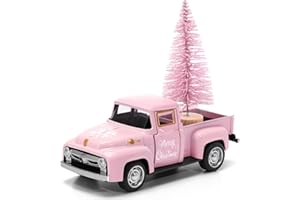 Huray Rayho Pink Christmas Metal Truck with Christmas Tree for Tiered Tray Decor Vintage White Pickup Truck Farmhouses Decor Holiday Farm for Home Kitchen Table Centerpiece Decoration