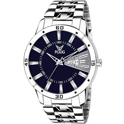Stainless Steel Day and Date Blue Dial Analog Mens Watch (2038-BL)