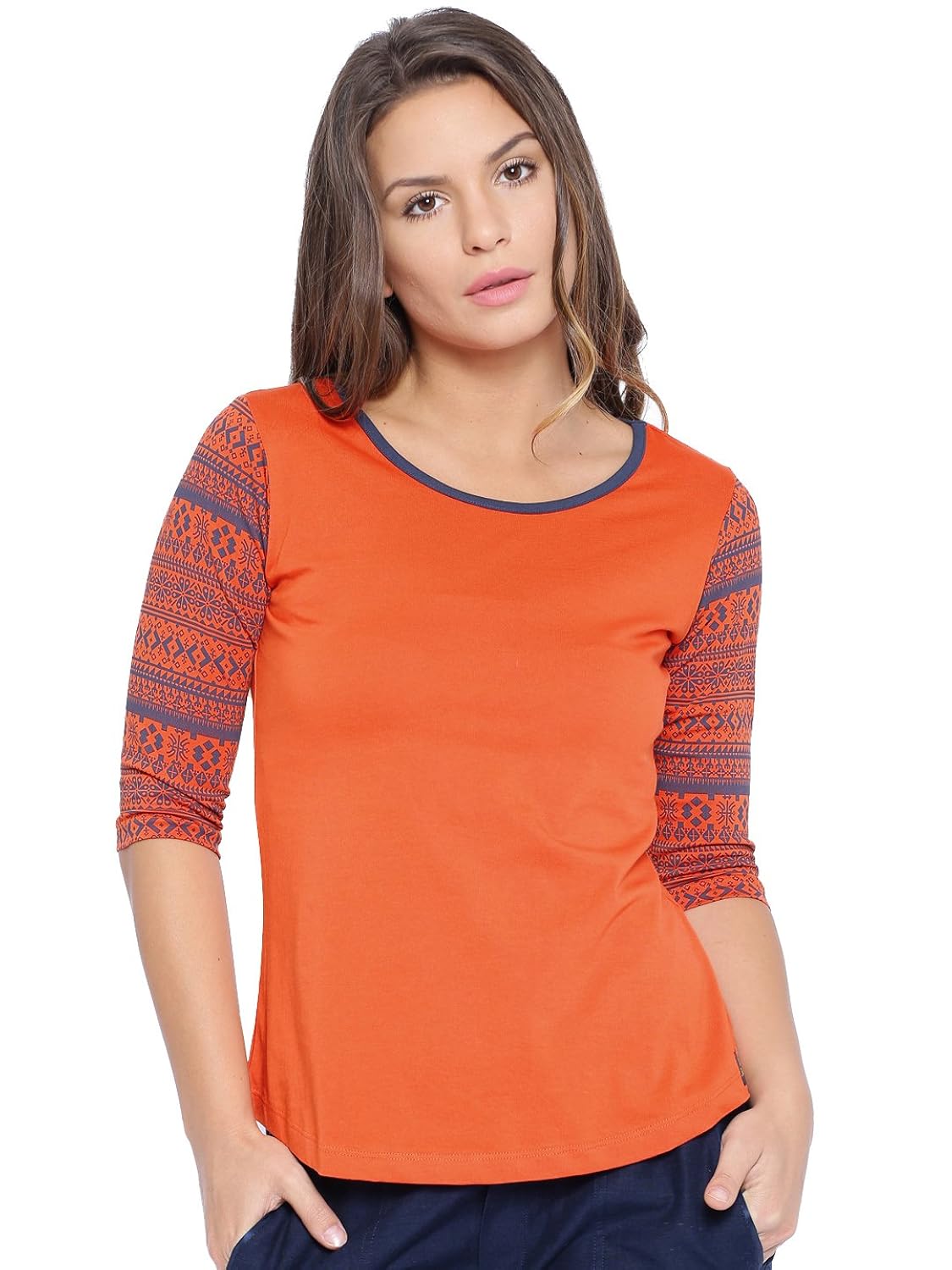 cult fiction orange color 3/4th sleeves scoop neck cotton solid tshirt for women's