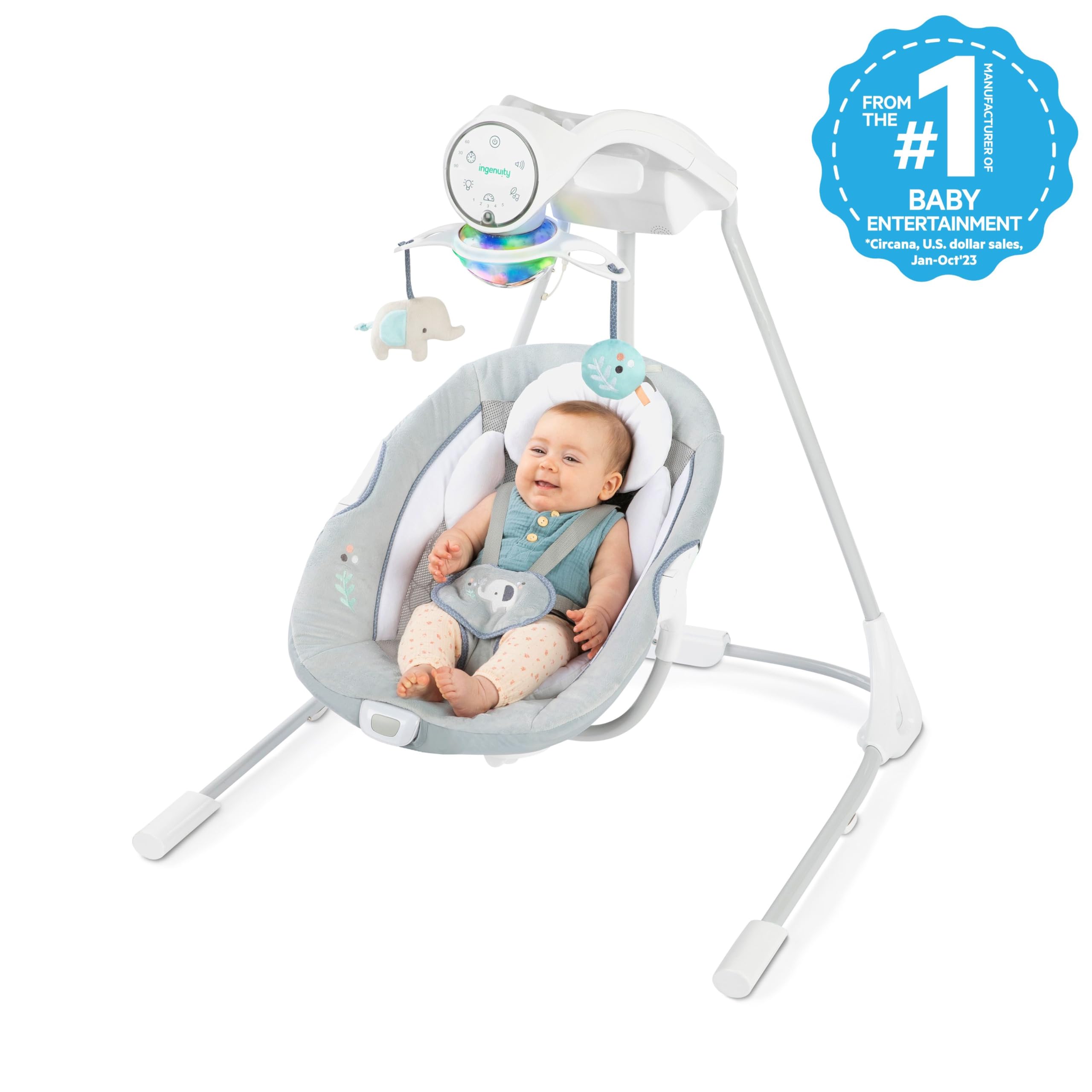 Ingenuity InLighten Soothing Swing - Swivel Infant Seat, Soothing Sounds, Lightweight Mesh - Dakota