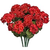 COEWUR 4pcs Red Artificial Geraniums Flowers for Outdoors 14" Faux Silk Geraniums Outdoor UV Resistant Fake Flowers for Planters Garden Home Kitchen Table Centerpieces Cemetery (Red)