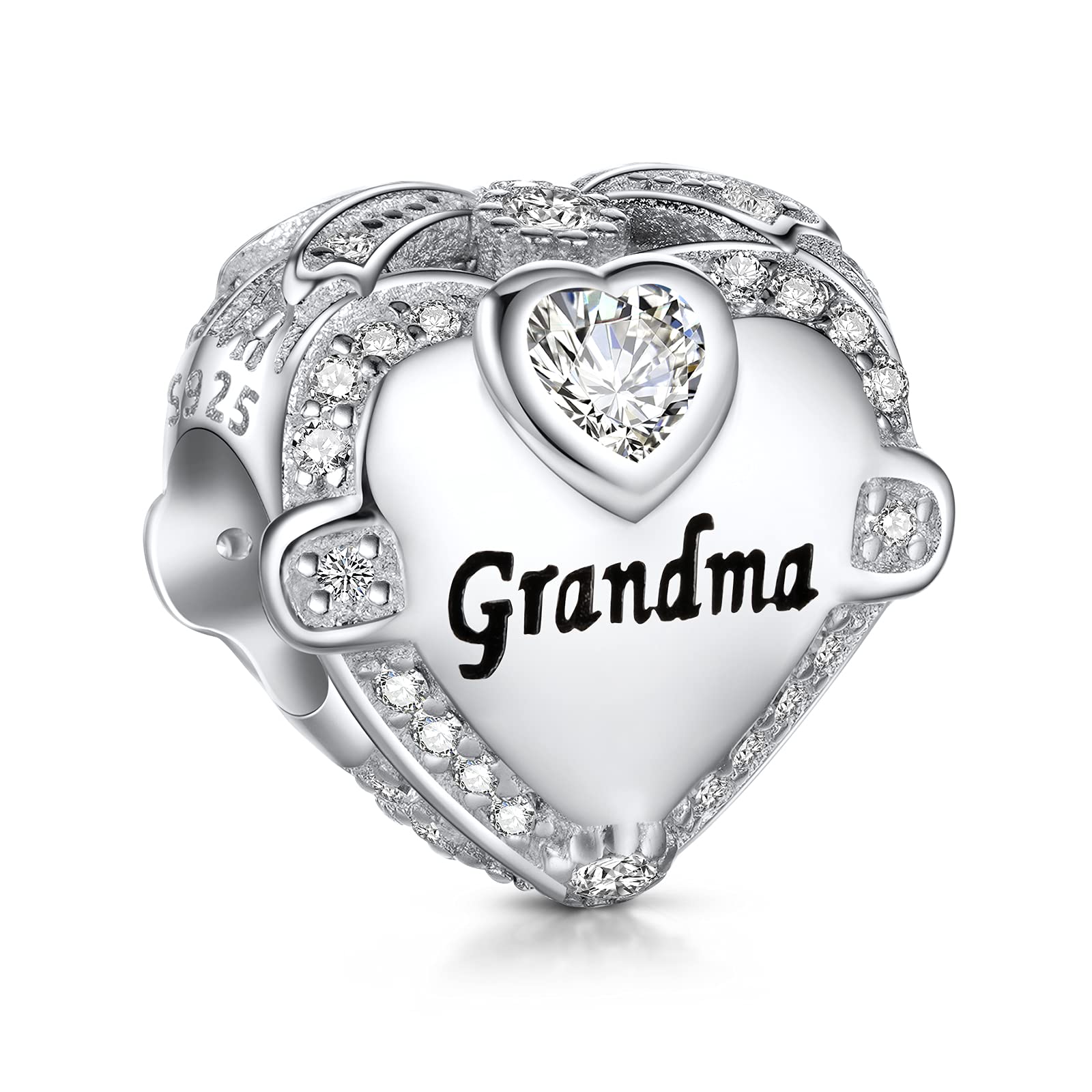 NINGAN Family Charm for Pandora Bracelet - Mothers Day Birthday Gifts for Women 925 Sterling Silver Heart Cubic Zirconia Bead for Necklace (Grandma)