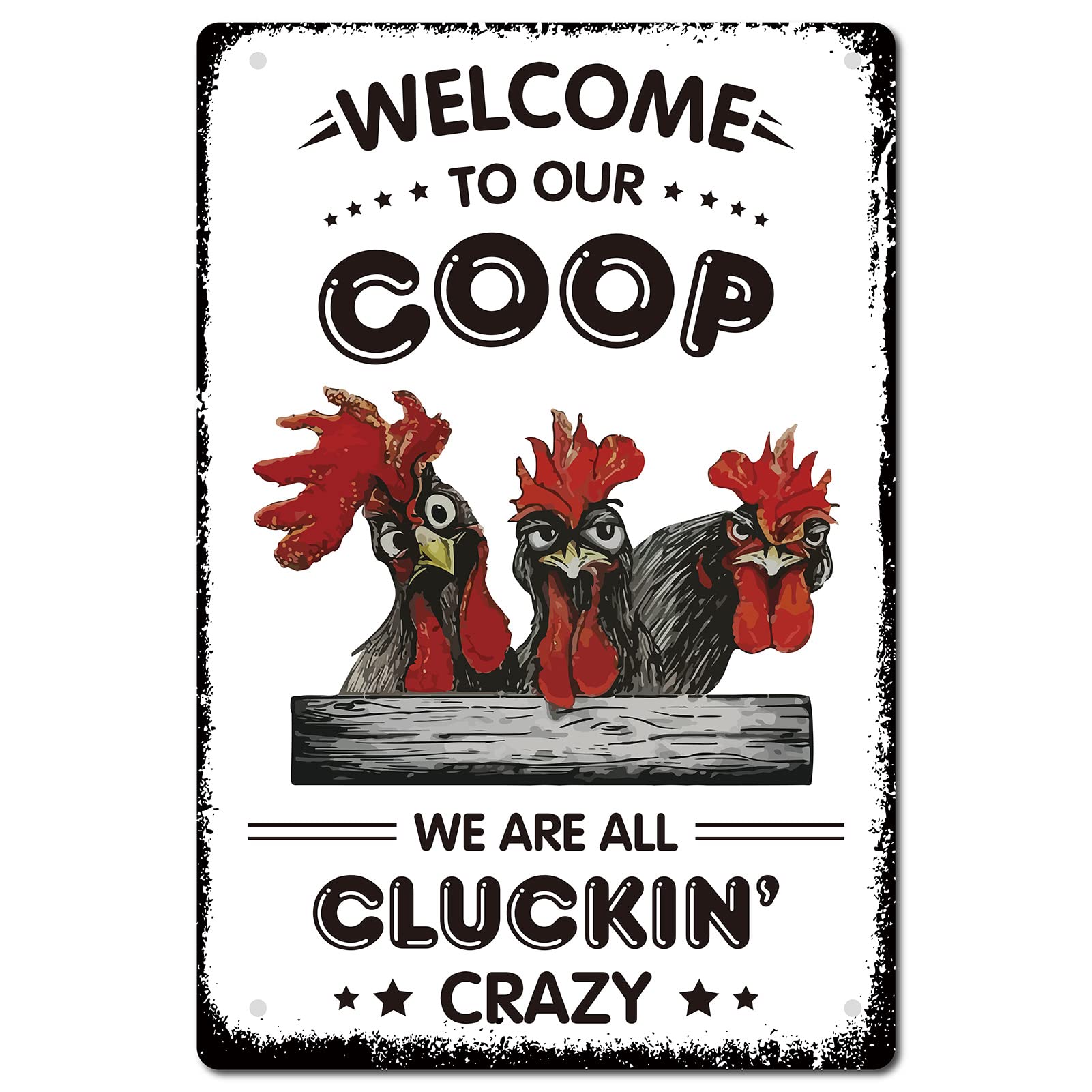 CREATCABIN Chicken Metal Tin Sign Welcome to Our Coop Funny Plate Plaques with Quotes Rooster Vintage Wall Hanging Art Decor for Farm Yard Farmhouse Home Living Room 12 x 8inch