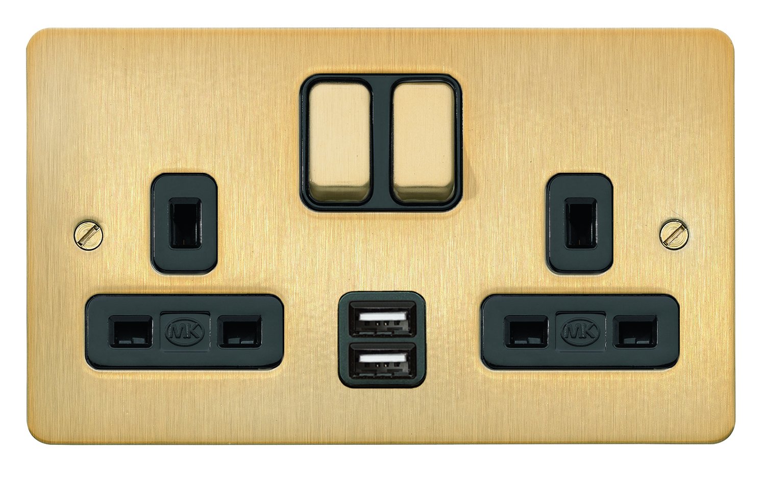 Edge 2 Gang DP Dual Earth Satin Gold Switch Socket Outlet with 2 X USB Charging Ports and Black Insert