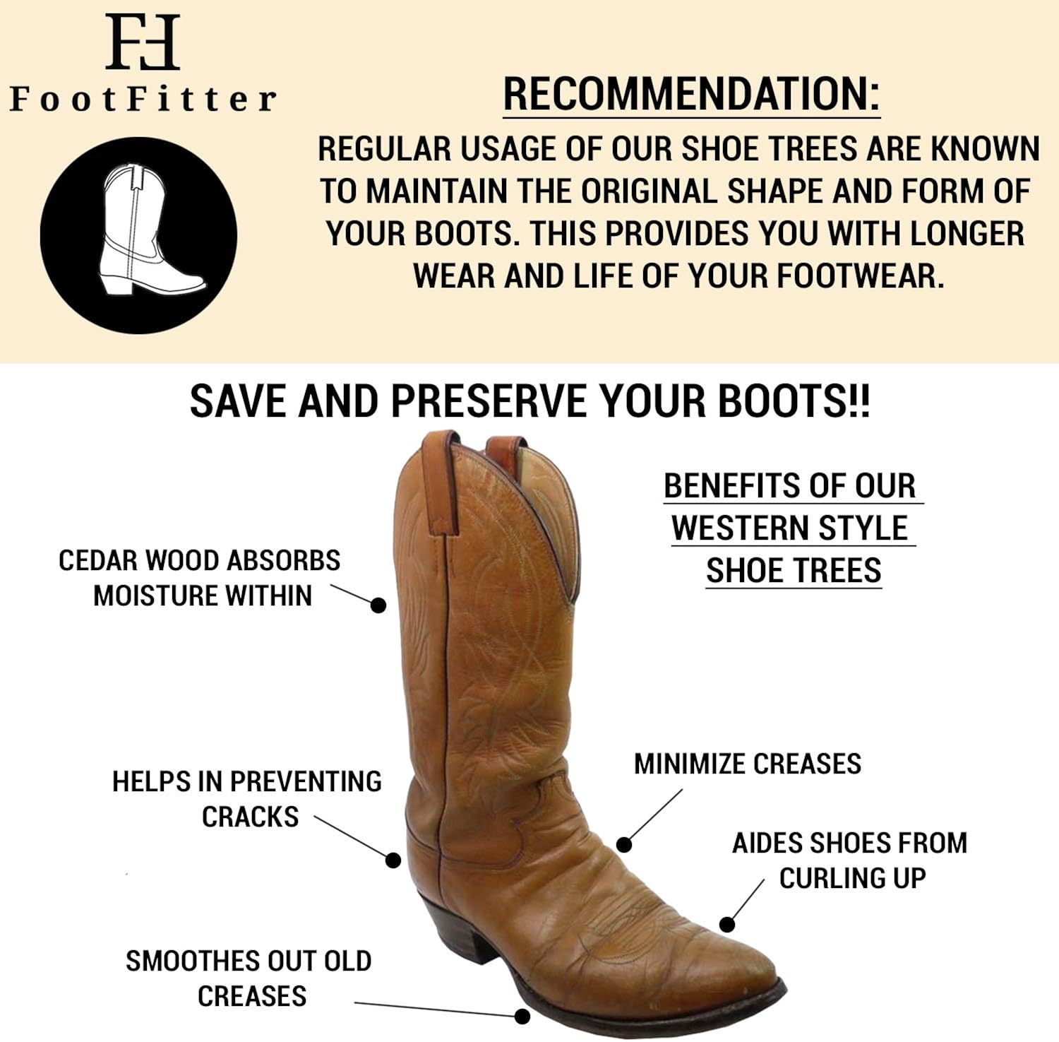 FootFitter Western Cedar Boot Tree - Best Shoe Trees for Western Cowboy Style Boots with USA Wood - CW12: Shoes