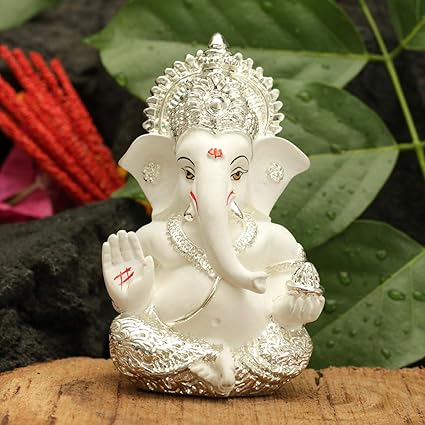 Collectible India Combo of Silver Plated Ceramic Lord Ganesha Figurine for Car Dashboard and Rakshabandhan Set (3.5 x 2inches)