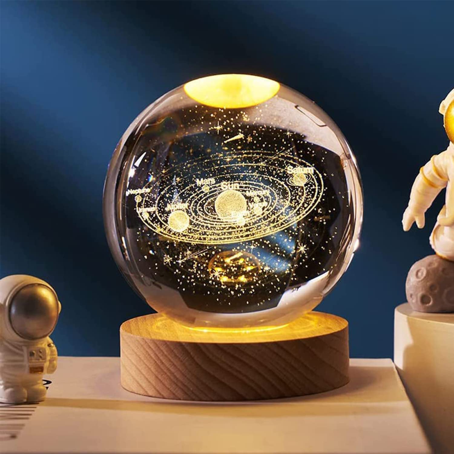 3D Planet Crystal Ball Night Light, Space Galaxy Crystal Ball with Wooden Base,3D Engraved Solar System LED Light Base for Kids,Gifts for Mother's Day Christmas Thanksgiving (Solar System)