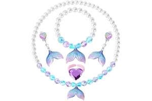 BAOBAOJOY Princess Jewelry for Little Girls, 5 Piece Mermaid Tail Jewelry Set, Stretch Necklace Bracelets Rings and Clip on Earrings, Perfect for Dress Up, Birthday Parties, Costume Play