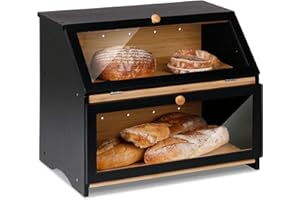 HOMEKOKO Double Layer Large Bread Box for Kitchen Counter, Wooden Large Capacity Bread Storage Bin (Black)