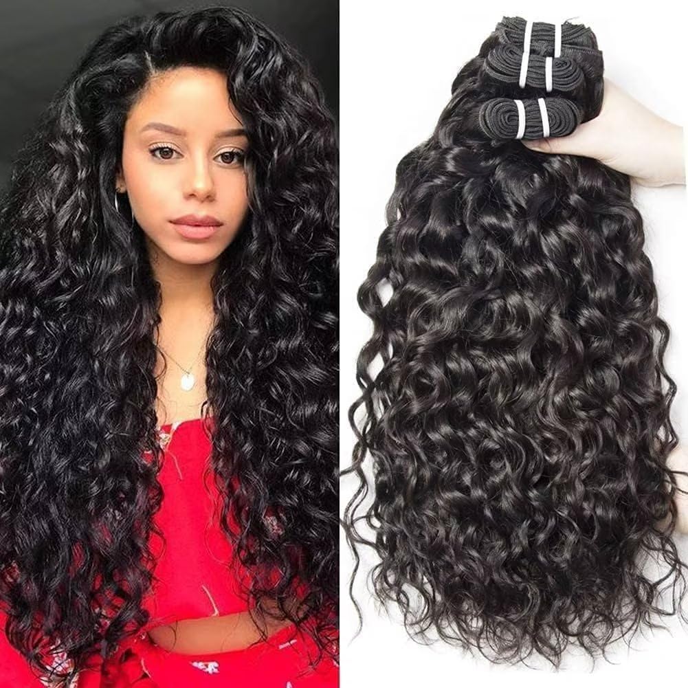 Water Wave Human Hair Bundles 100% Unprocessed Brazilian Virgin Hair Weave 3 Bundles 14 16 18 Inch Wet and Wavy Human Hair Bundles 12A Grade Weave Bundles Human Hair Extensions for Black Women