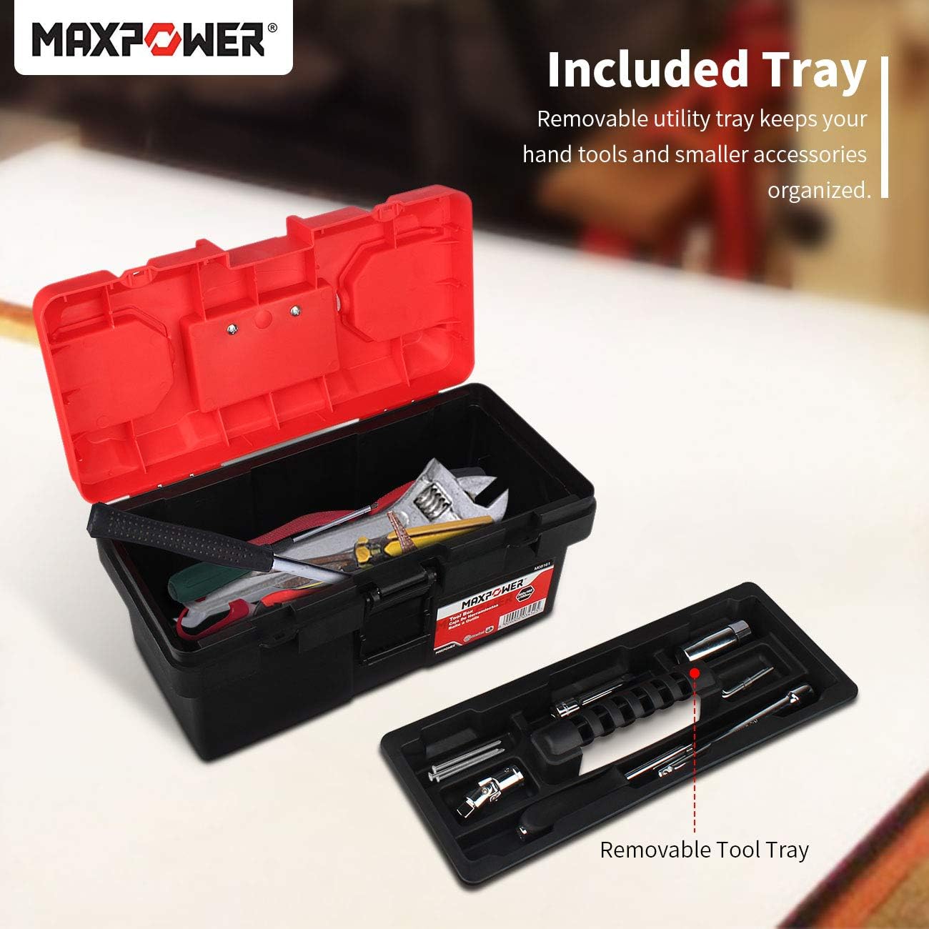 MAXPOWER Tool Box 14-inch Plastic Small Tool Boxes with Removable Tray with Dual Lock Secured, Red - - 
