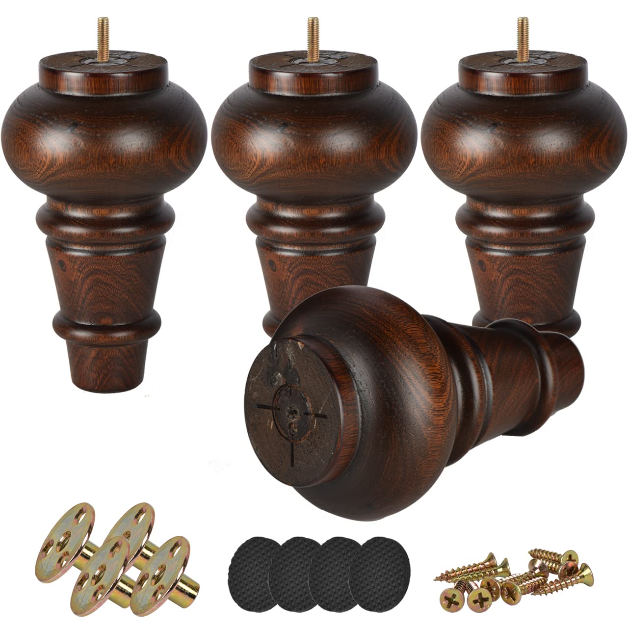 Btowin 6 inch Solid Wood Furniture Legs, 4Pcs Turned Glaze Wooden Bun Feet with Mounting Plate & Screws for Sofa Couch TV Stand Ottoman Chair
