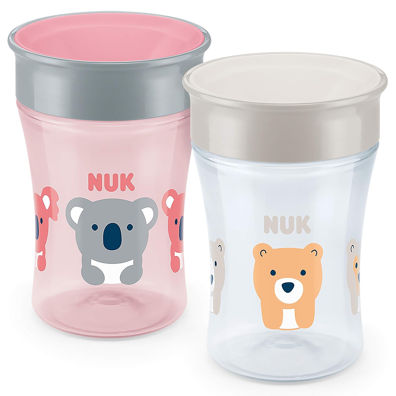 NUK Magic Cup Trinklernbecher 2er-Vorteilspack, 360° Trinkrand, auslaufsicher abdichtende Silikonscheibe, 8+ Monate, BPA-frei, 230 ml, Koala/Bär (rosa/grau)