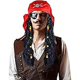 Focupaja Pirate Costume Wig Set Halloween Dress Up Pirate Wig Bandana Eye Patch Theme Party Pirate Cosplay Accessories