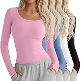 Yearntown 4 Pack Women's Workout Tops Long Sleeve Compression Shirts U Neck Slim Athletic Yoga Basic Shirt with Thumb Holes