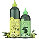 Graza Extra Virgin Olive Oil Variety Pack, Sizzle & Drizzle - High Polyphenol Peak Harvest EVOO Cooking & Finishing Oil in a Squeeze Bottle - Single Farm Olives from Spain