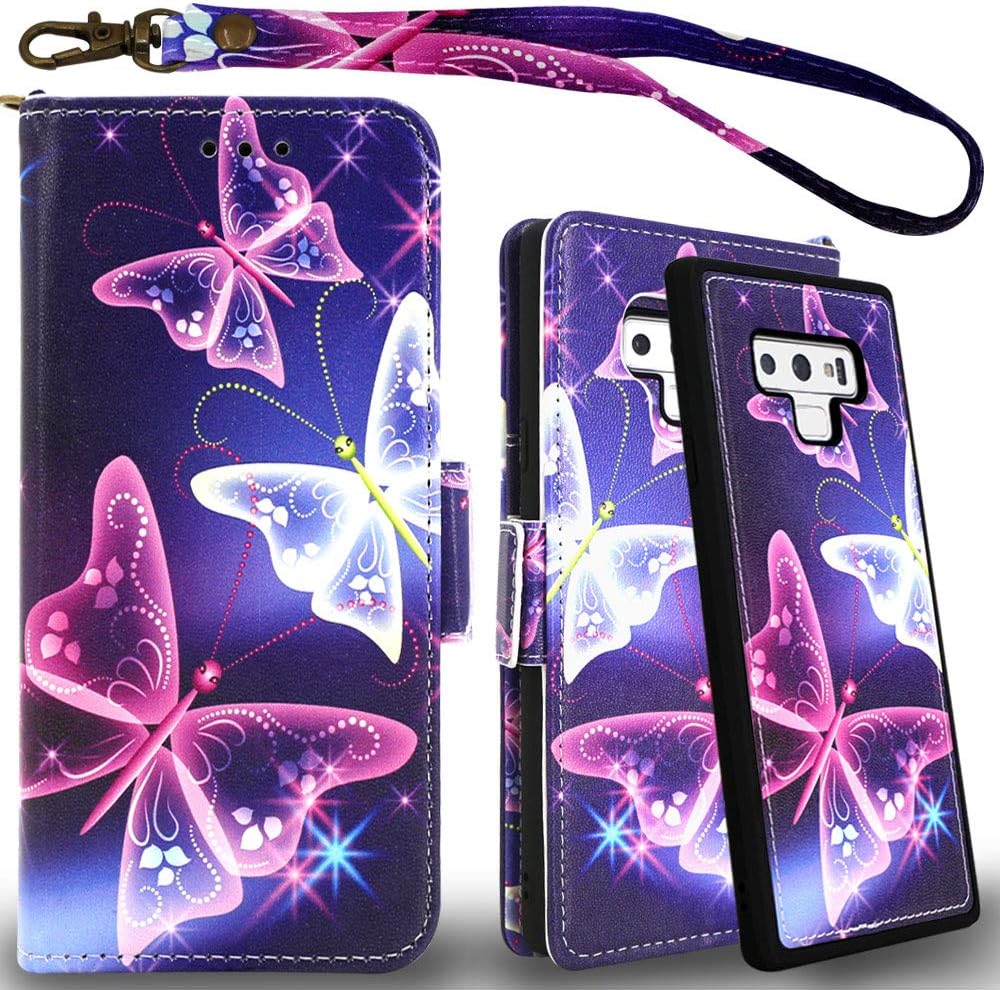Mefon Galaxy Note 9 Wallet Case Leather Detachable, Durable Slim, Enhanced Magnetic Closure, with Wrist Strap, Card Slot, Kickstand, Luxury Flip Folio Cases for Samsung Galaxy Note9 6.4 (Butterfly 2)
