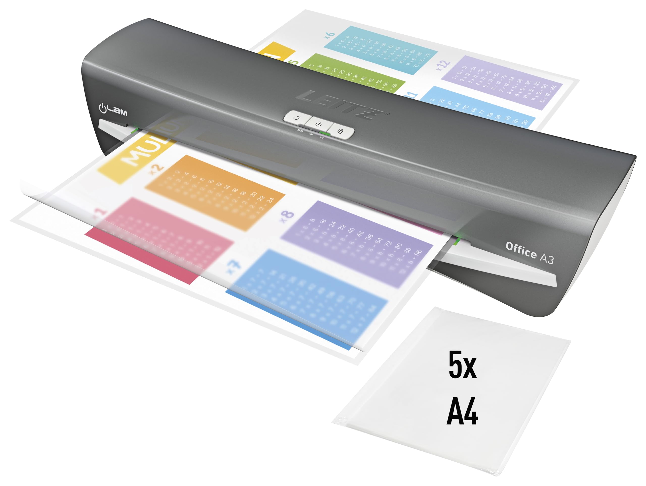 Leitz iLAM Office A3 Laminator – Ultra-Fast 1-Minute Warm-Up, 75-125 Micron, Smart LED Status, Entry Guide LEDs, Anti-Jam, Auto Shut-Off, Includes 5 x A4 Laminating Pouches, Grey/ White, 72531084