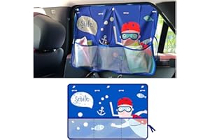 Sandfren Car Window Shade, Vehicle Sunshade Curtain with Storage Pockets & Suction Cups for Baby, Cartoon Pattern Auto Interior Heat Sun Protection Cover, Universal for Sedan Trucks (Diving Pirates)