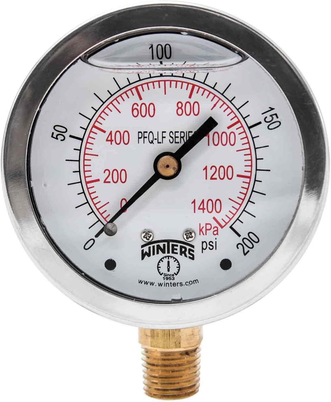 Winters PFQ806LF PFQ-LF Series Pressure Gauge, 2.5" Dial size, 1/4" NPT, 0/200 psi/kpa, Glycerin Filled