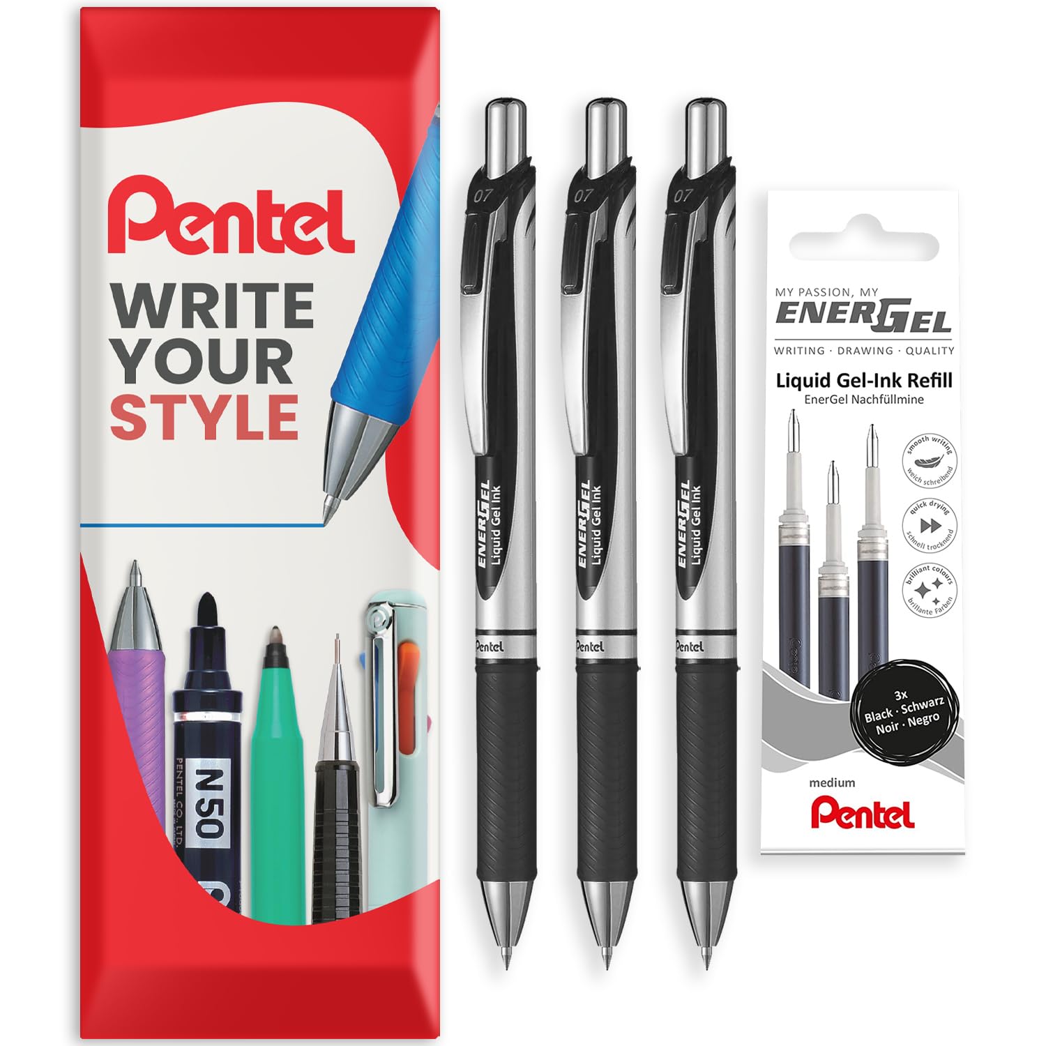 Pentel EnerGel XM BL77 - Retractable Liquid Gel Ink Pen - 0.7mm - 54% Recycled - In Envelope Gift Packaging - Pack of 3 Pens + 3 Refills (Black)