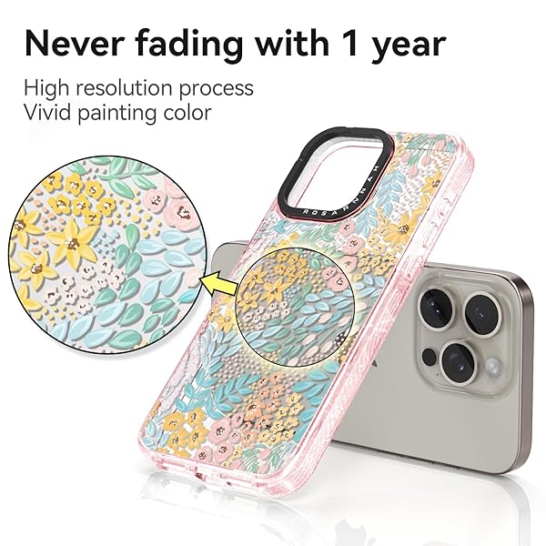 ROSARNNAH FOR IPHONE 15 PRO CASE CUTE – DURABLE SHOCKPROOF 6.6 FT DROP IMPACT PHONE CASE – FUNNY BLUE SPRING DESIGN (6.1″) GLITTER PINK