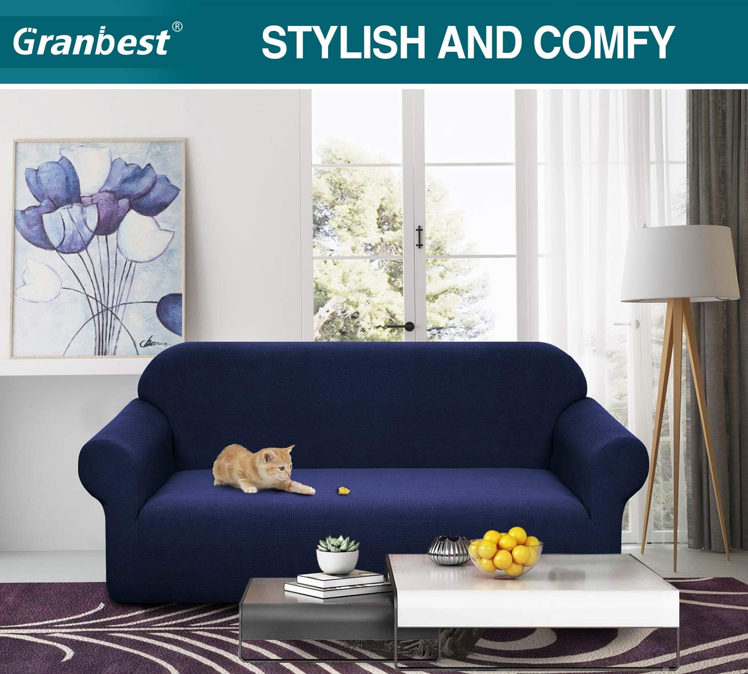 Granbest Premuim Water Repellent Sofa Covers 3 Seater High Stretch 1 Piece Couch Cover for Dogs Universal Sofa Slipcover Non Slip Furniture Protector Jacquard Spandex Fabric (3 Seater - Image 3