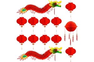 Cokacot 2PCS 3D New Year Dragon Garland Decoration with Ball & 10PCS Red Plastic Lanterns Chinese New Year Decoration Home Ceiling Hanging Ornaments for Lunar Spring Festival Party Supplies(13PCS)
