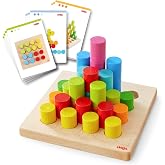 HABA Colorful Towers Wooden Stacking Game: Montessori Toys for 2 Year Old &amp; Up, Shape Sorter &amp; Wooden Pegboard Preschool Learning Toys with Challenge Cards