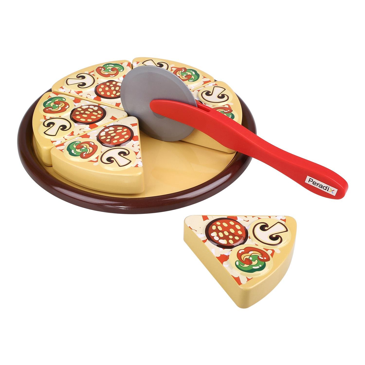 Play Pizza Party Toy Set for Kids Cutting Magnetic Tinplate Food Pretend Play Game with Child Size Slice Cutter and Kerchief by Peradix