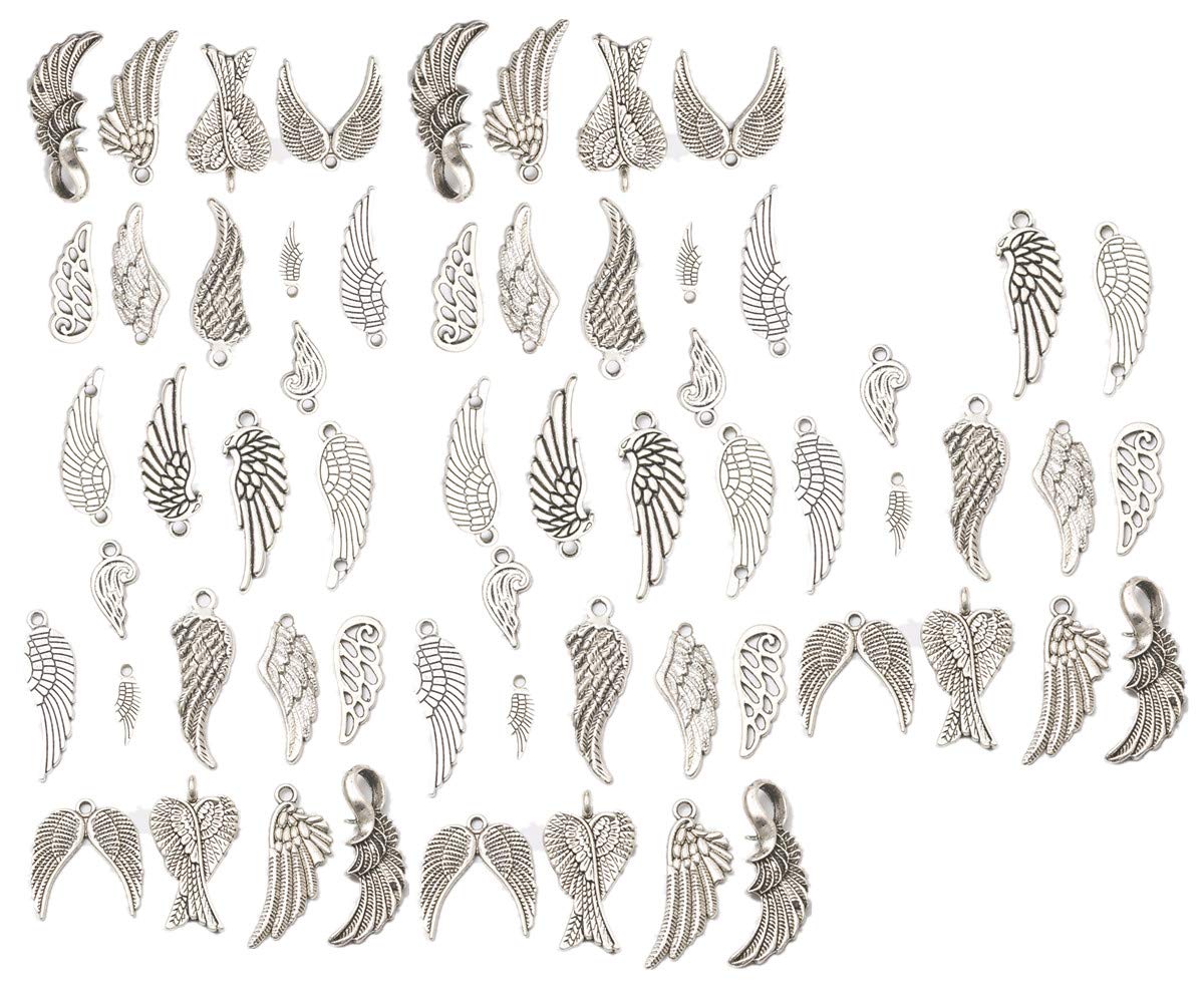 Zhiheng Assorted 60pcs Wings Alloy Pendants Angel Feather Wine Glass Charms Jewelry Making Beads for Birthday Christmas Valentine's Gift