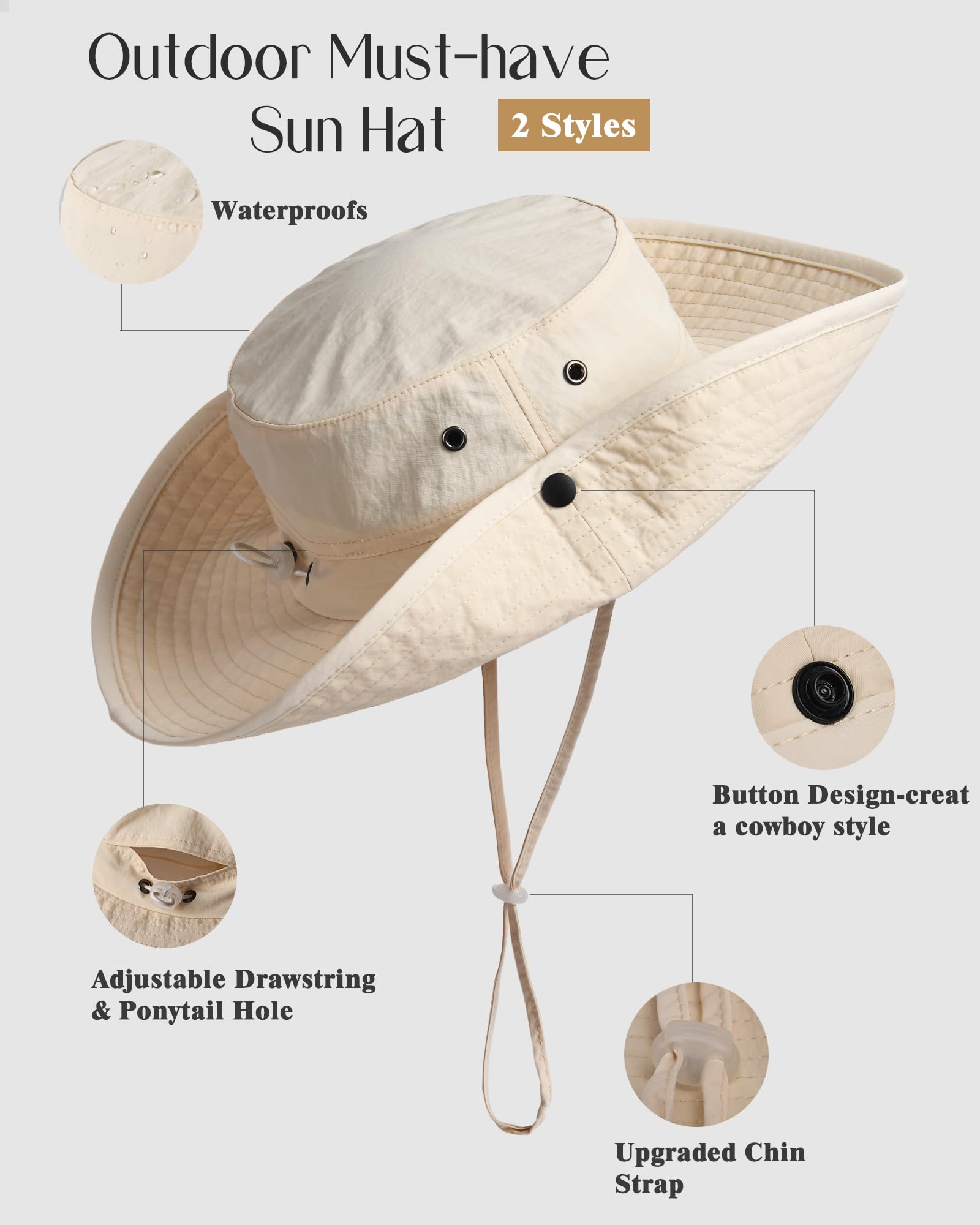 FURTALK Sun Hats for Women Ponytail UPF 50+ Beach Summer Hat Wide Brim Packable Cowboy Hat
