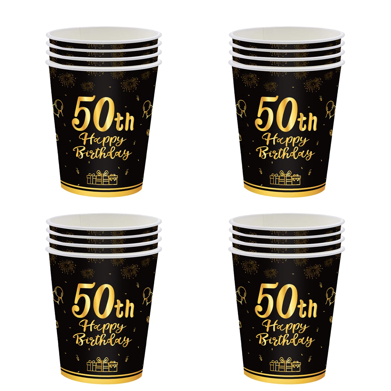 Happy 50th Birthday Paper Cups Black and Gold - 16Pcs Disposable Tableware Party Cups for Men, Women, Him, Her - Birthday Party Decorations and Supplies Table Decor