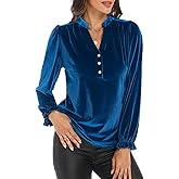 Women's Velvet Tops Puff Long Sleeve V Neck Ruched Fall Winter Trendy Christmas Formal Evening Party Holiday Shirts Blouse