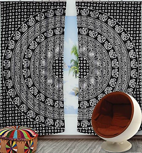 Exclusive Indian Black n White Mandala Tapestry Large Wall Hanging Hippie Window Curtain Valances Room Divider 2 Pc Panel Set