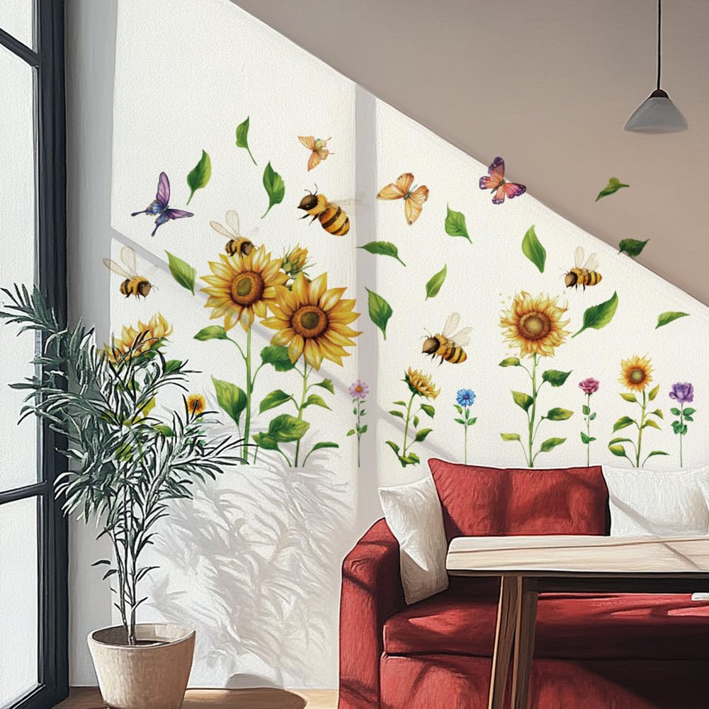 SUPERDANT Large Sunflower Wall Decals Garden Flower Wall Stickers Butterflies Bees Peel and Stick Vinyl Wall Decor Wallpaper Wall Art Mural for Bedroom Living Room Kitchen Bathroom TV Background