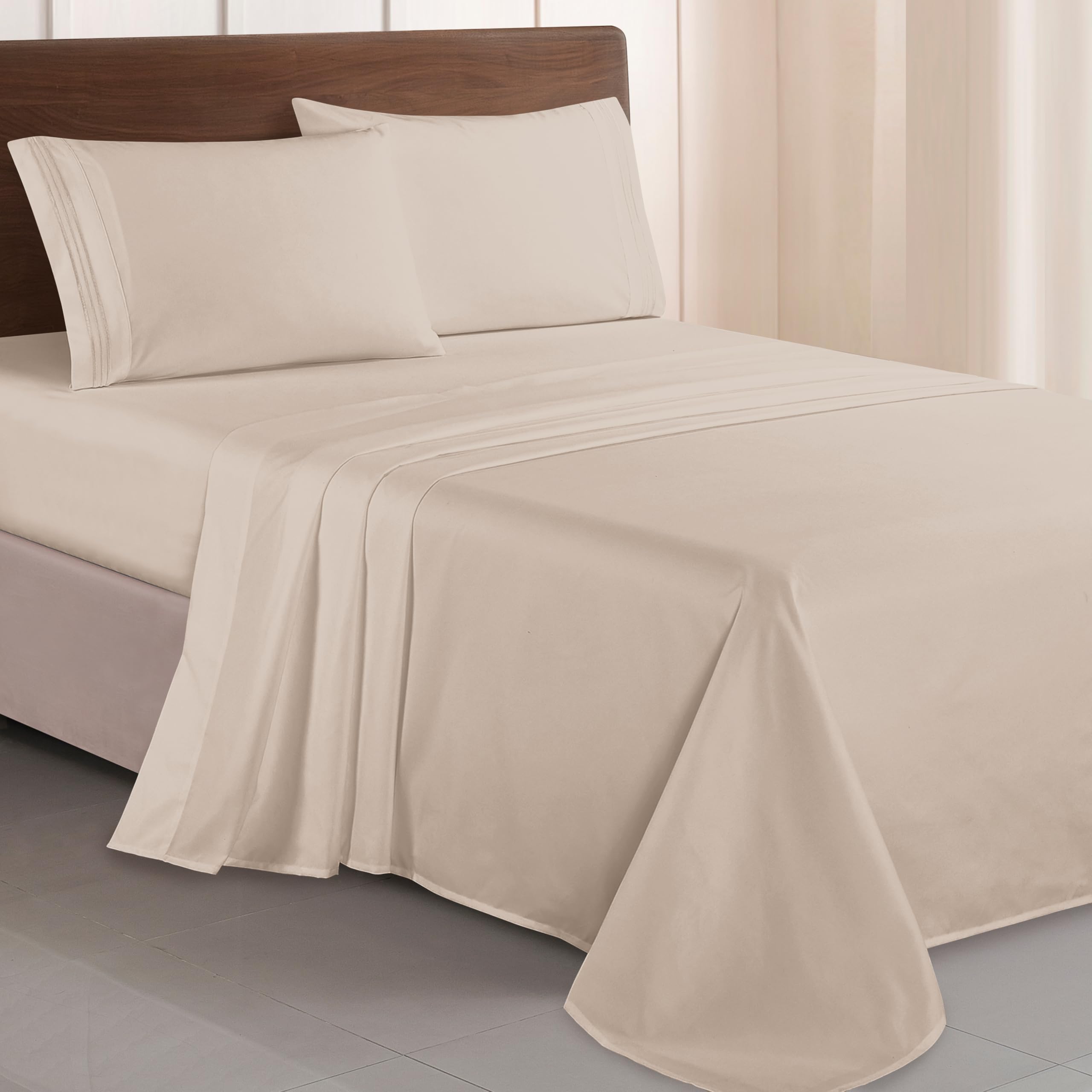 Elegant Comfort Luxurious 1500 Premium Hotel Quality Microfiber Three Line Embroidered Softest 4-Piece Bed Sheet Set, Wrinkle and Fade Resistant, King, Cream