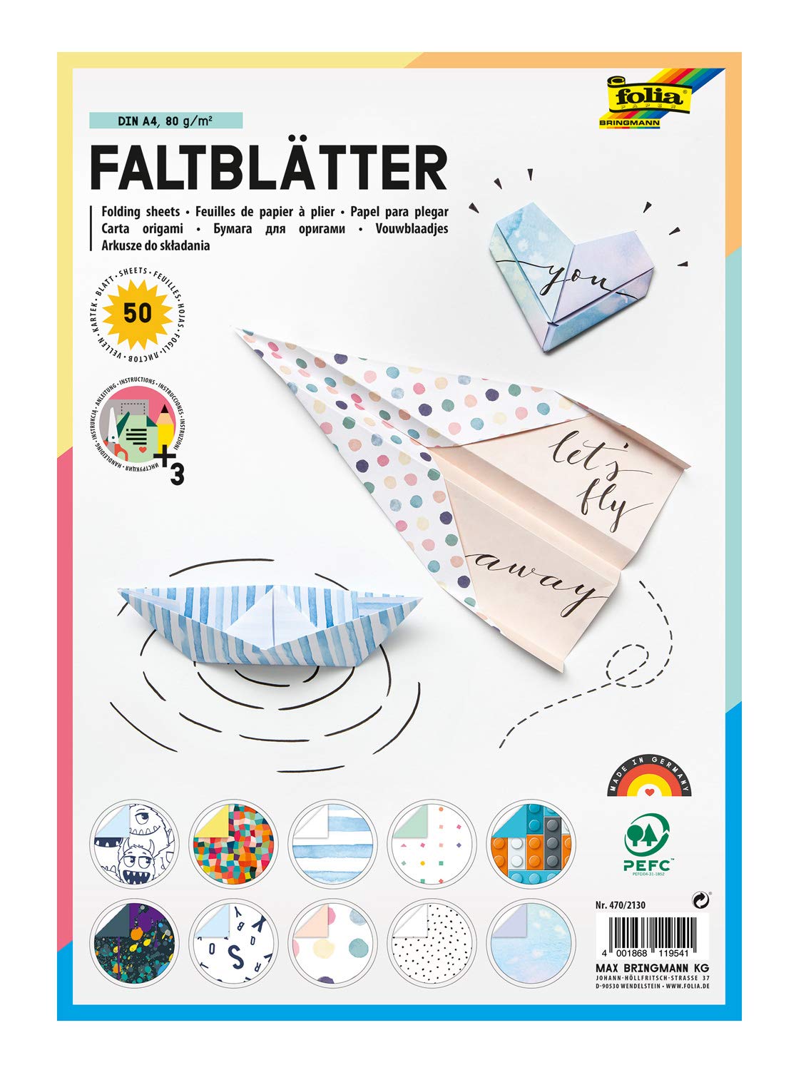 folia Folding Printed Motif, DIN A4, 80 g/m², 50 Sheets, in 10 Different Designs, Includes Instructions (English Language not , Colourful
