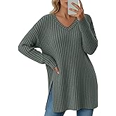 Velvelhall Women's Long Sleeve Sweater, V Neck Oversized Side Split Casual Top Loose Fit Lightweight Knit Pullover Sweaters
