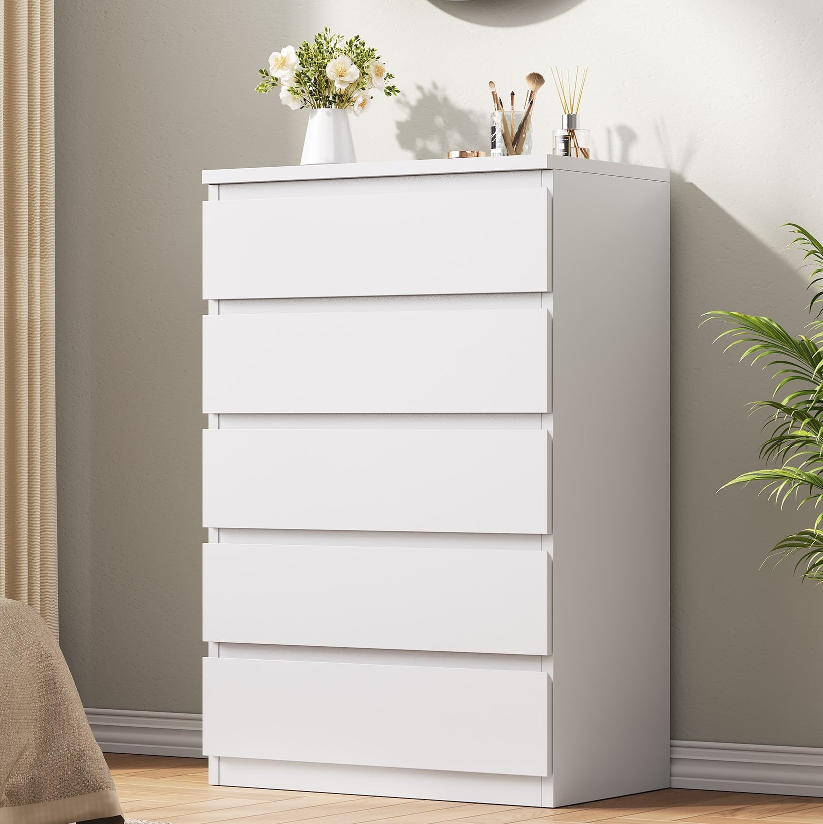 Photo 1 of **MISSING HARDWARE/HAS A CHIP** Jocoevol White 5 Drawer Dresser for Bedroom, 15" D x 23.7" W x 40.4" H in Simply Modern Chest of Drawers, Wood Storage Dresser with Deep Drawers for Living Room Hallway Entryway, White