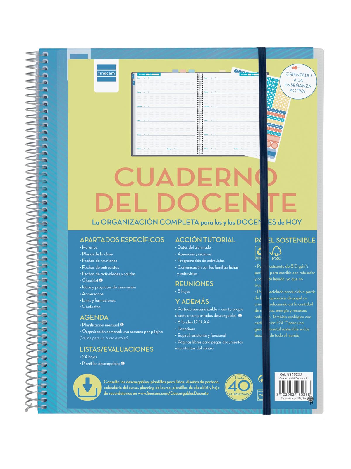 Finocam - Teacher's Notebook Week Undated Page | Teacher notebook with 24 sheets of evaluations for 40 students | Customizable cover and inner cover - 230 x 310 mm - Spanish