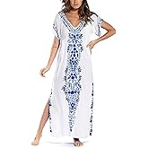 Busbseach Caftan Dresses for Women Embroidery Short Sleeve Beach Cover Up V Neck Maxi Kaftan Dress