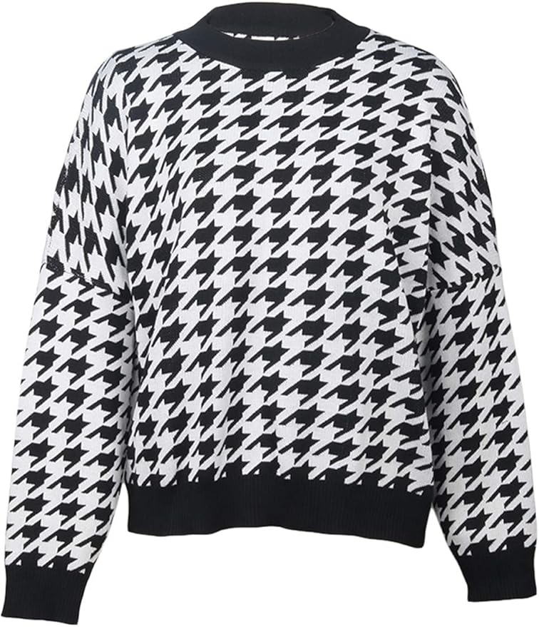 Women Casual Pullover Sweaters Knitted Houndstooth Crew Neck Vintage Baggy Sweater at Amazon