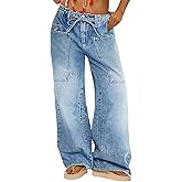 EZAPINE Women Wide Leg Jeans Elastic Mid Waist Belt Baggy Jeans Loose Casual Boyfriend Y2K Denim Pants with Pockets
