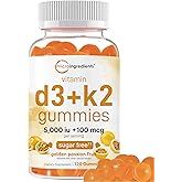 Vitamin D3 K2 Gummies | 5,000 IU D3 + 100 mcg K2 MK-7 | 120 Count | Sugar Free Golden Passion Fruit Flavor | 2-in-1 Gummy Vitamins | Bone, Immune, & Heart Health Supplements | Non-GMO, Gluten Free